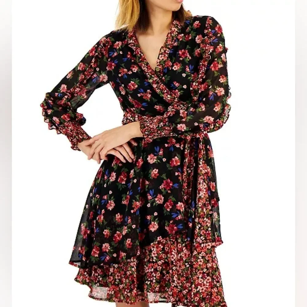 Tahari ASL Twin-Print Ruffle Dress sz 14 - Picture 4 of 16